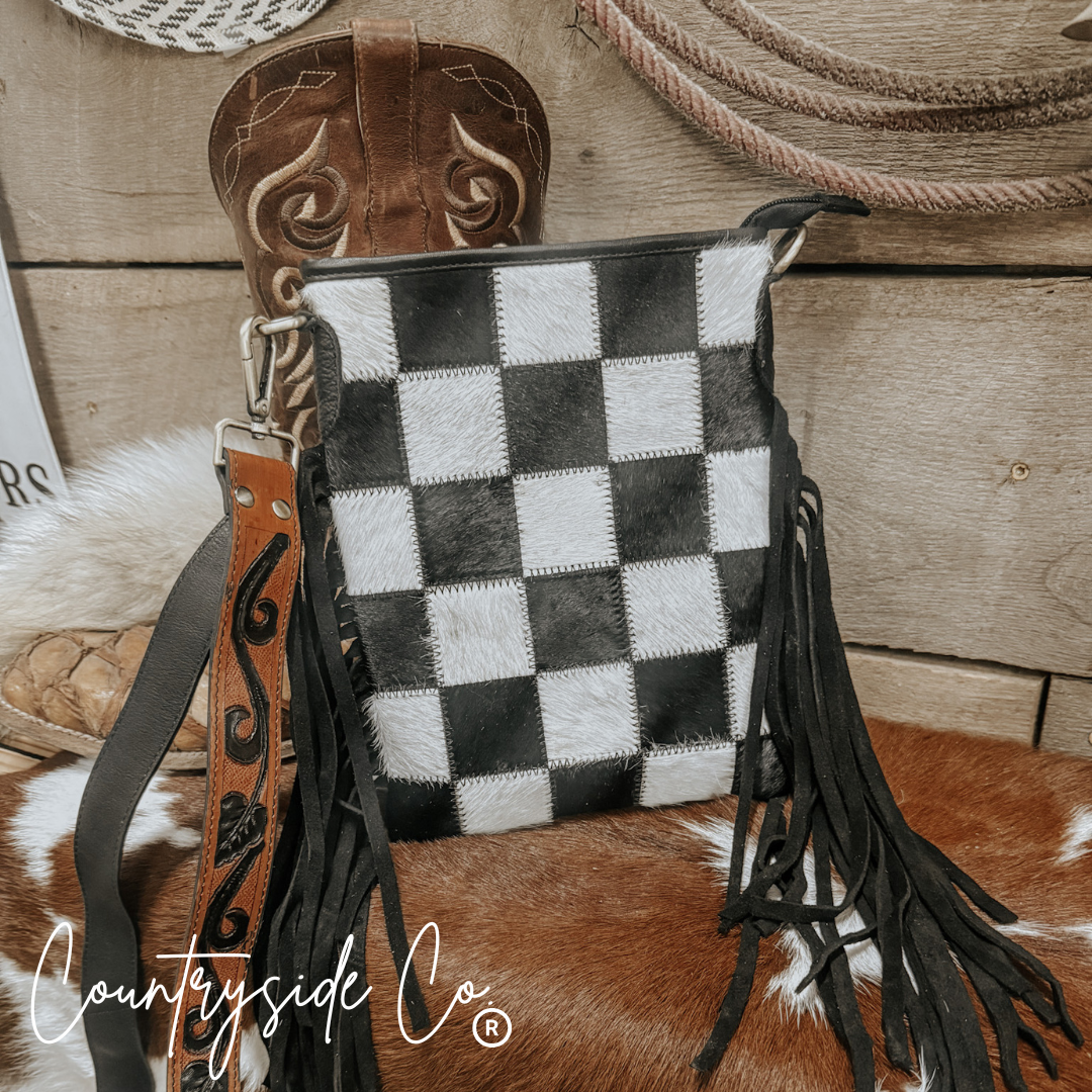 Stockyard Checkered Cowhide Fringe Purse, Black & White