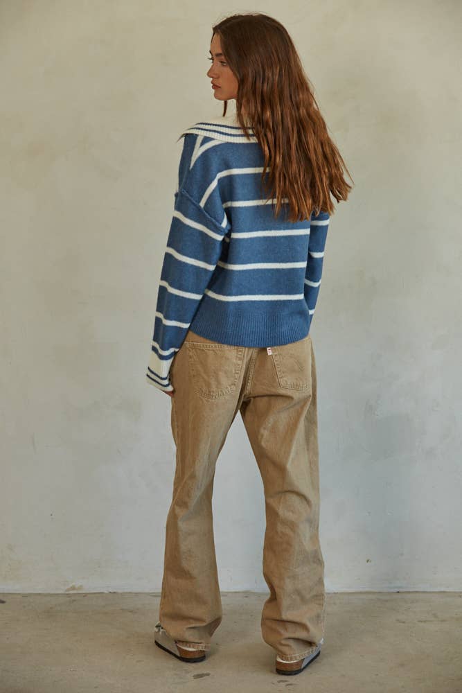 Knit Sweater Striped Collar V-Neck Long Sleeve Top