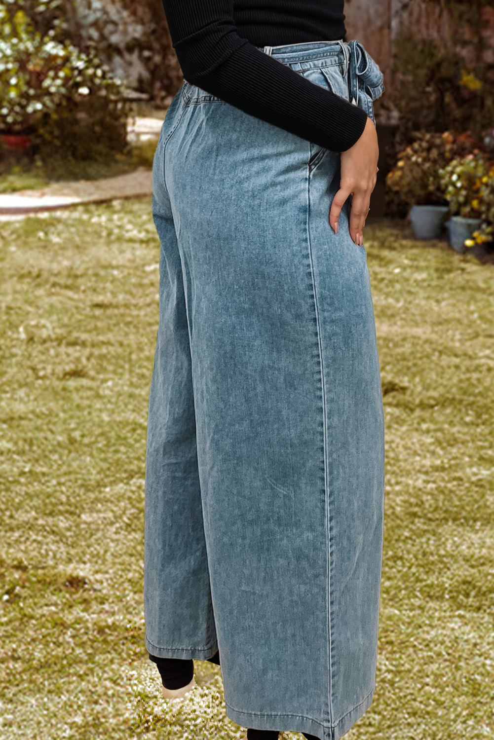 Western Washed Bow Knot Sash Wide Leg Jeans