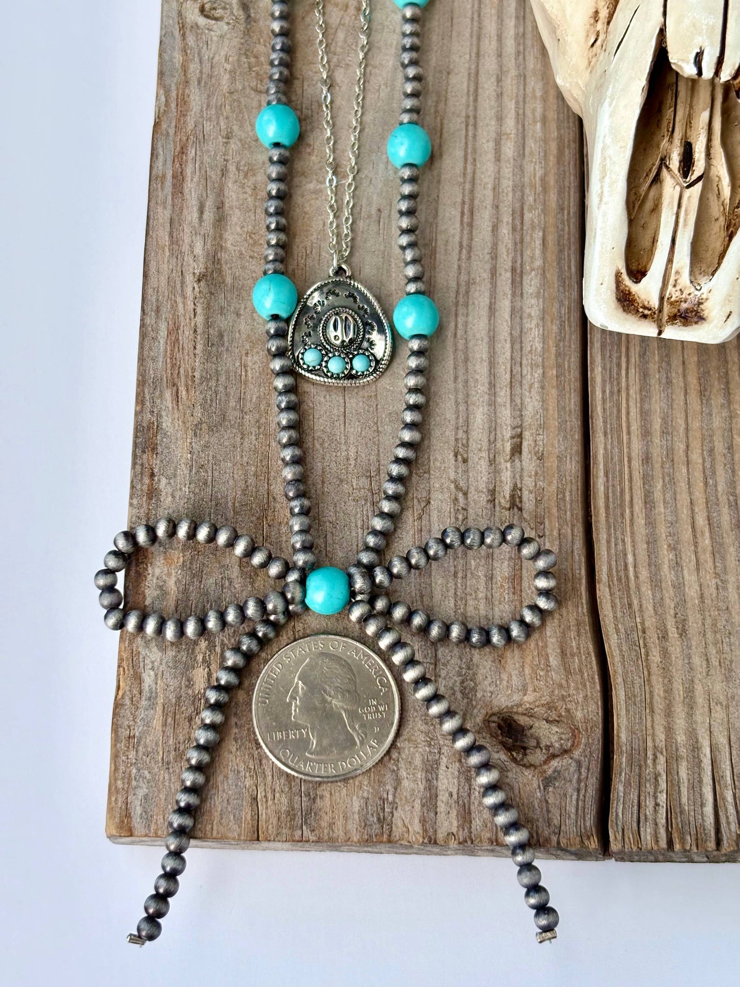 2 Layer Western Style Coquette Bow & Pendant Necklace: Cross