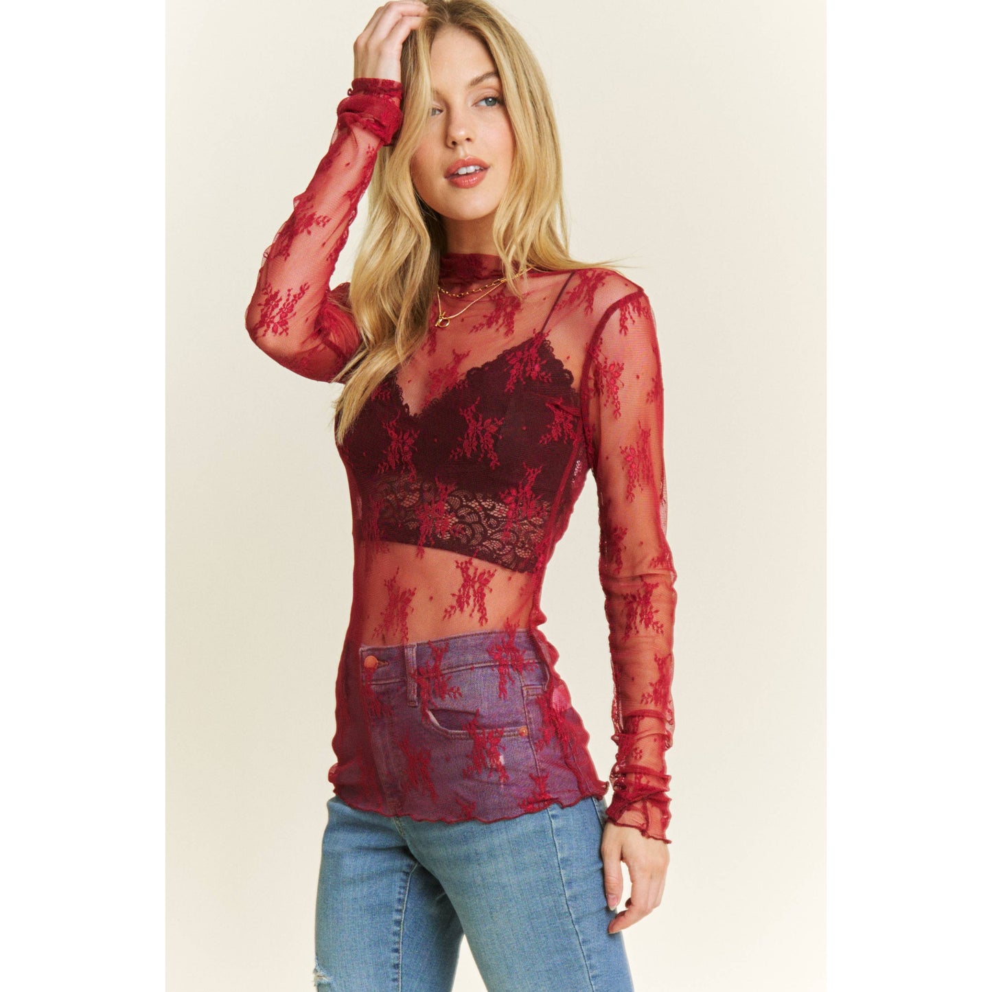 MESH LACE HIGH NECK DESIGN LONG SLEEVE FITTED TOP: Burgundy