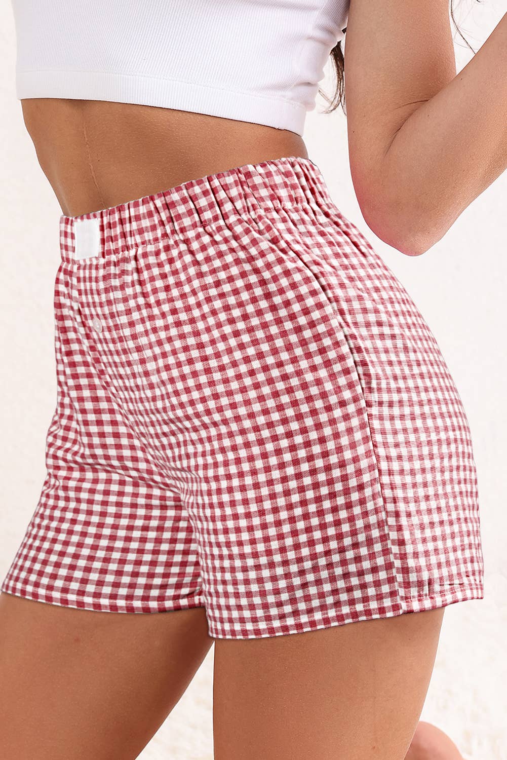 Stripe Plaid Printed High Waist Gingham Shorts: Red