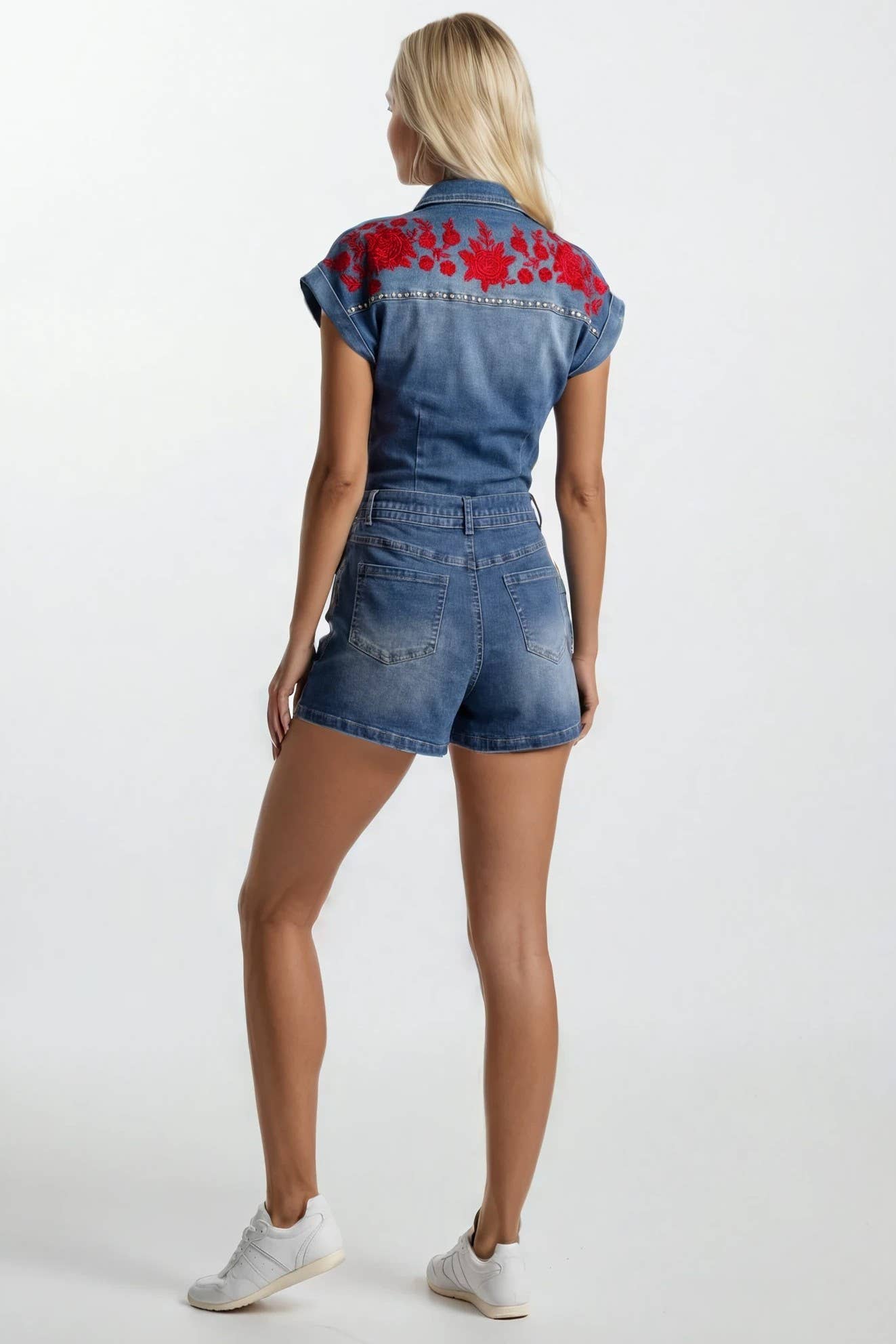 EMBROIDERED BELTED DENIM ROMPER