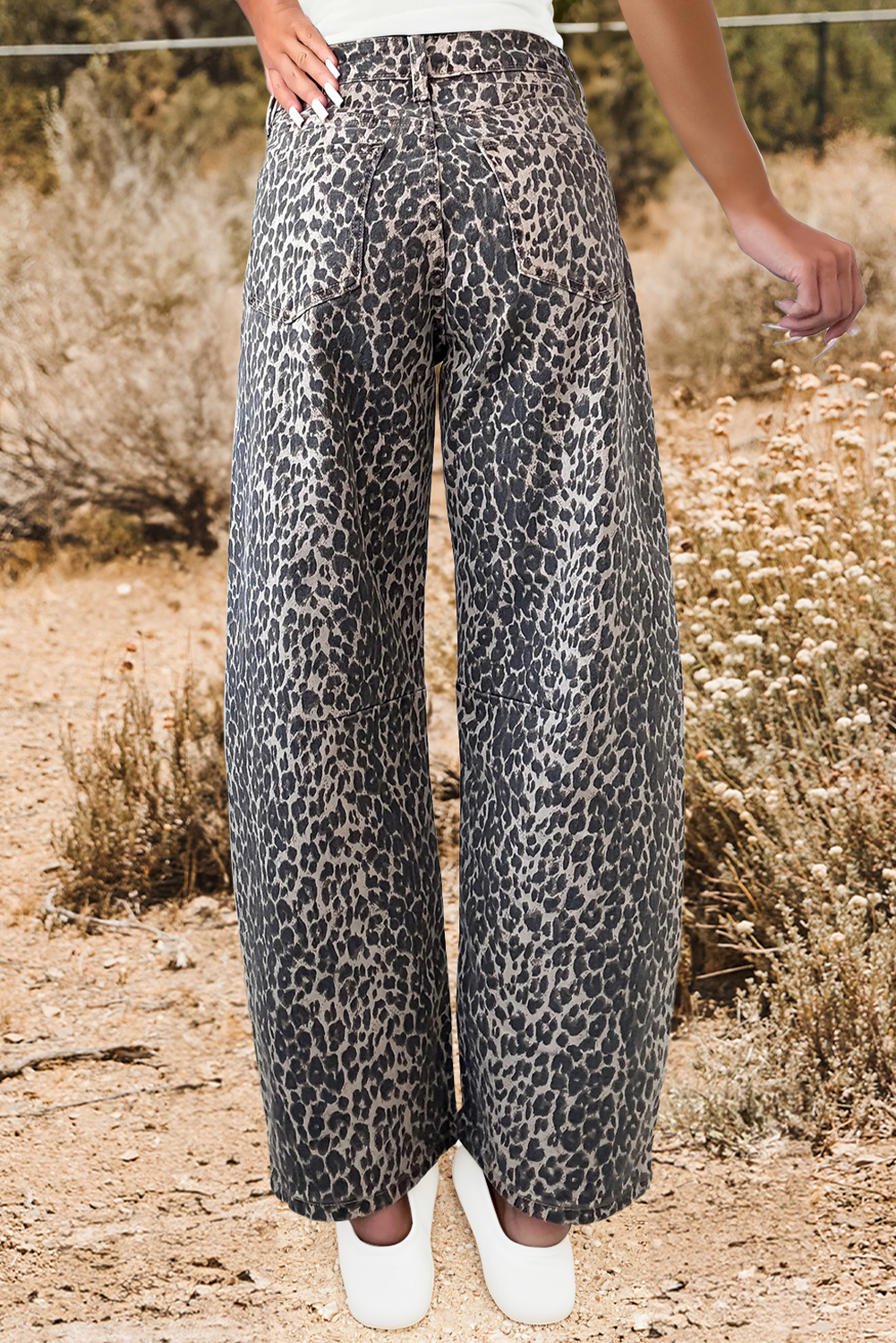 Western Leopard Print High Waist Barrel Jeans