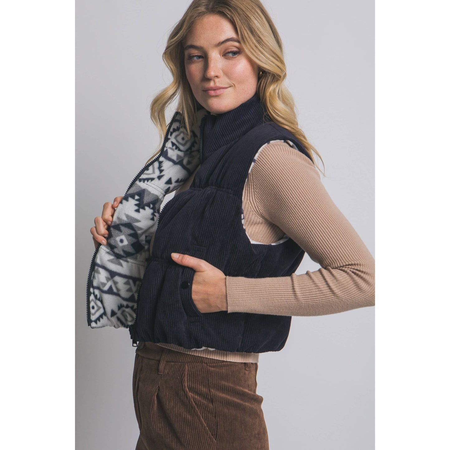Reversible Corduroy and Aztec Print Puffer Vest: BLACK