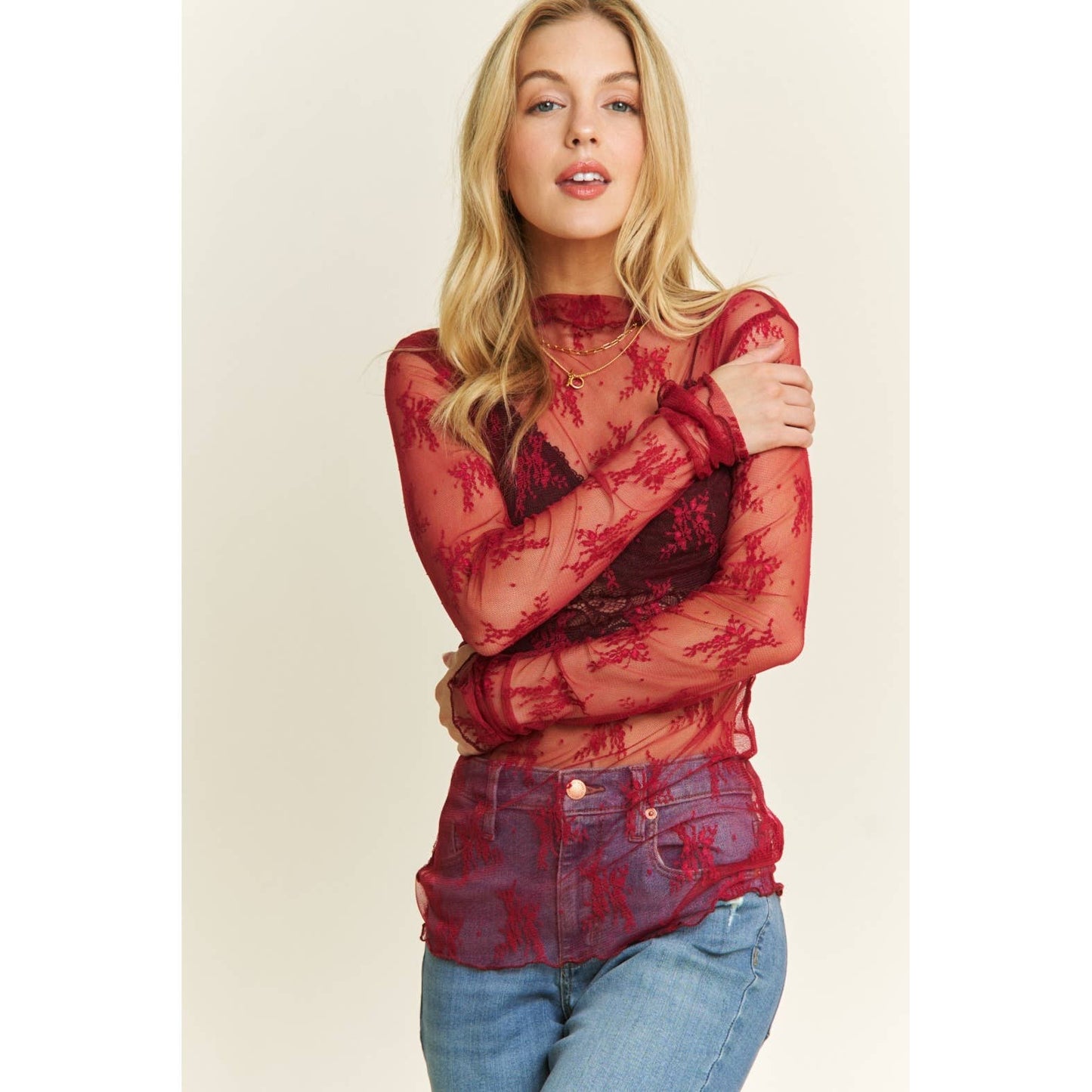 MESH LACE HIGH NECK DESIGN LONG SLEEVE FITTED TOP: Burgundy