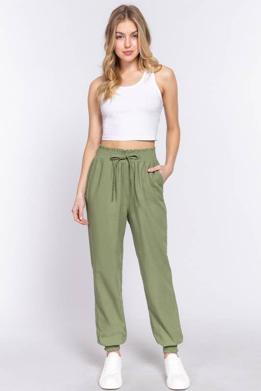 Smoked Waist Linen Jogger Pants: Blk-Black / M