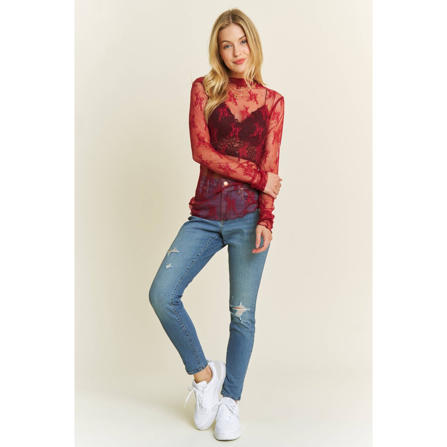MESH LACE HIGH NECK DESIGN LONG SLEEVE FITTED TOP: Burgundy