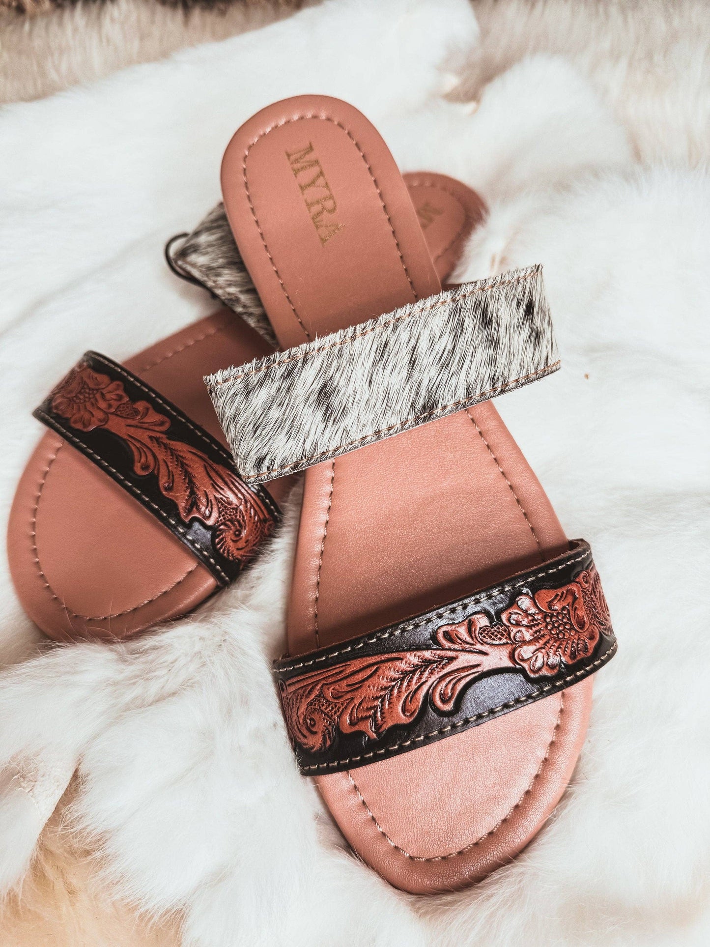 Tooled Leather & Black and White Cowhide flat sandals