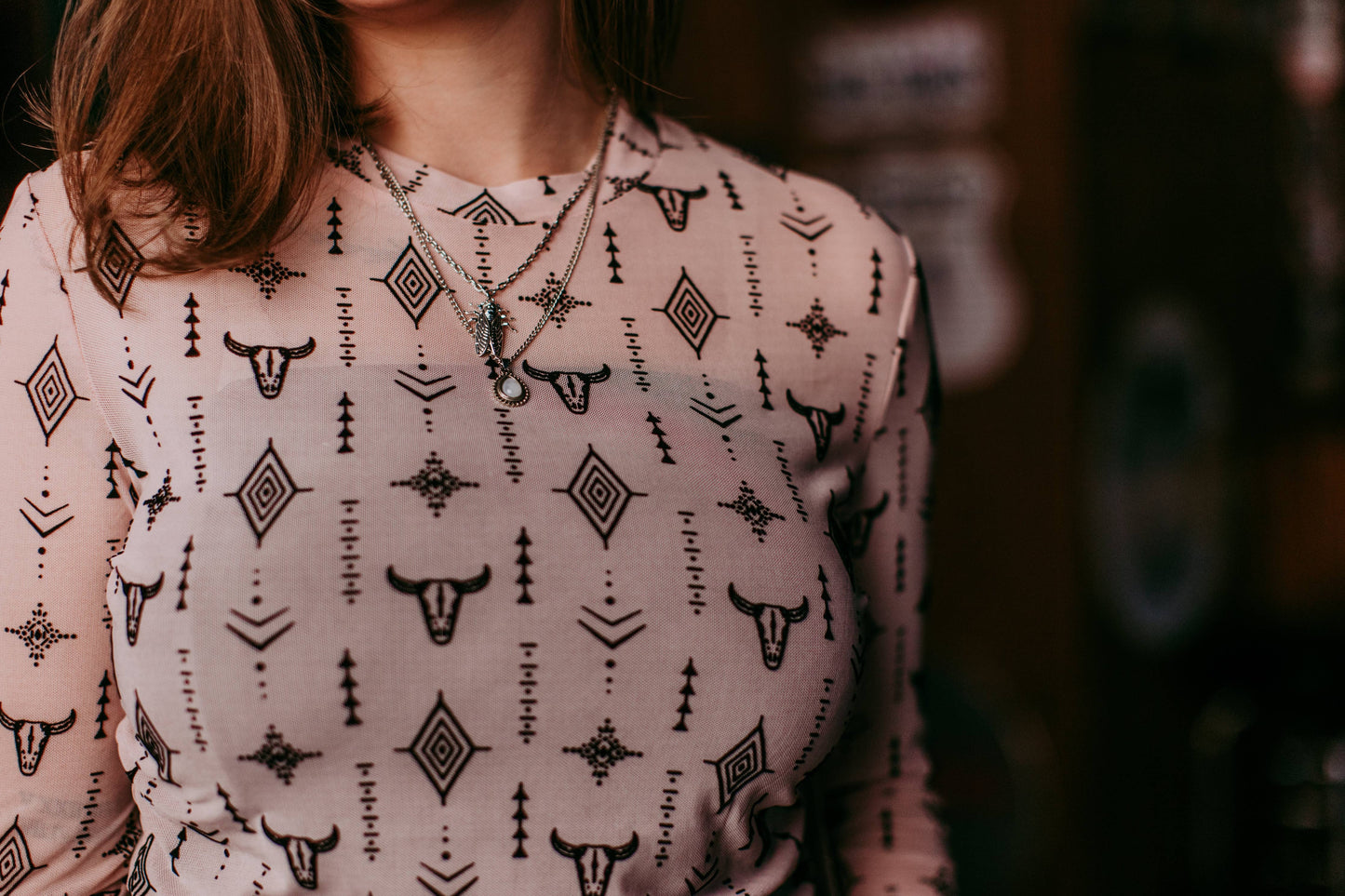 Cow head Aztec 3D Print Mesh Top- Light pink