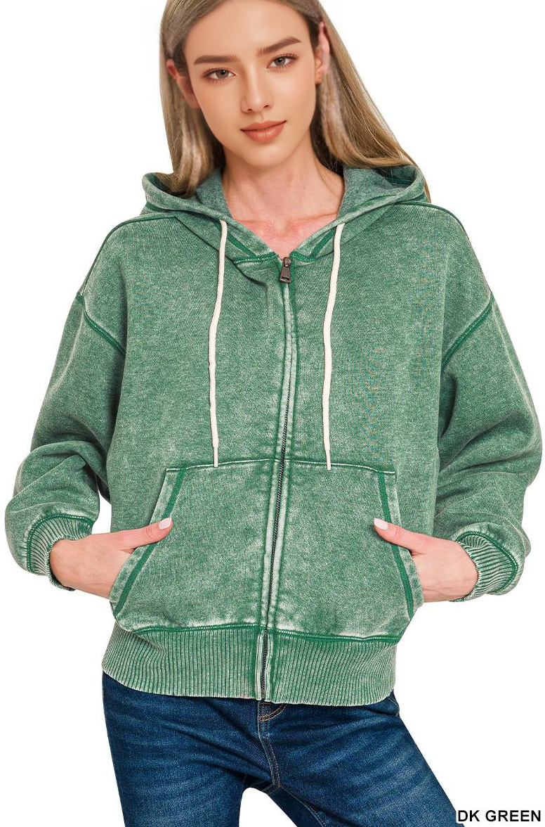 `Acid Wash Fleece Cropped Zip Up Hoodie - Zenana: MOCHA-159846 / S