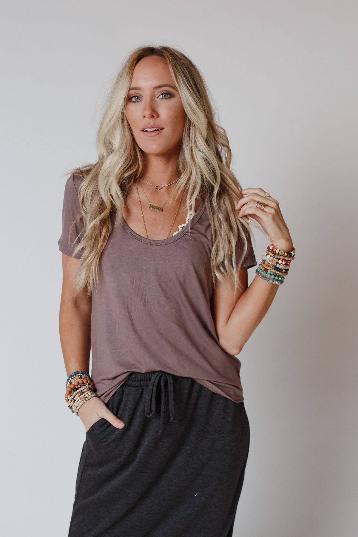 Scoop Neck Bralette Tee - Mocha: Mocha / L