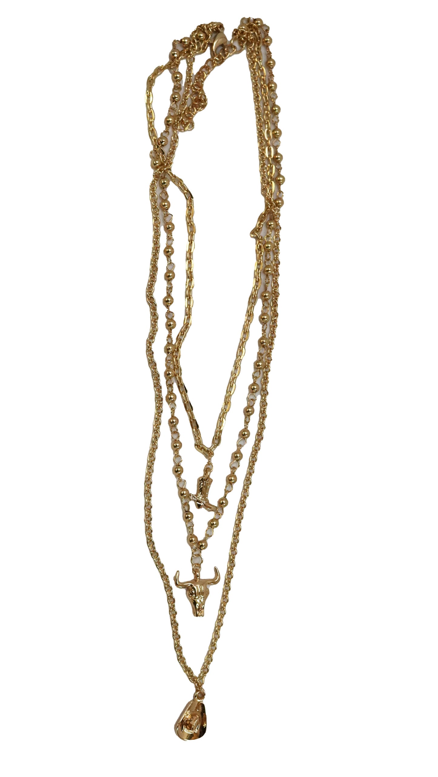 Gold Layer Chain Necklace w/ Cowboy Boot, Skull & Cowboy Hat