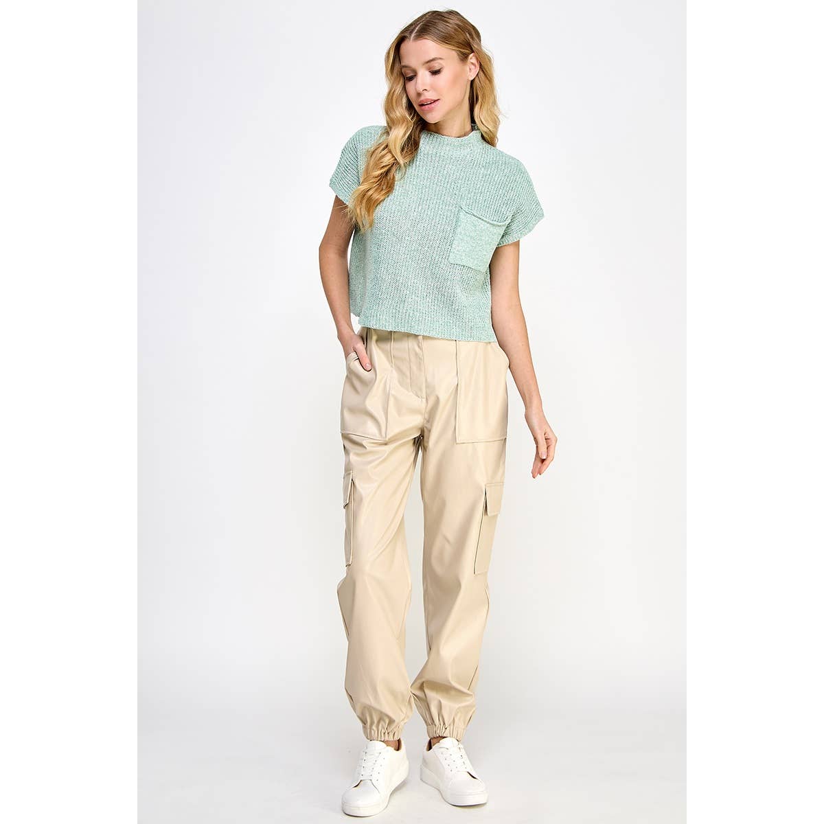 DROP SHOULDER RIB-KNIT SWEATER TOP: Brown / S-M-L(2-2-2)