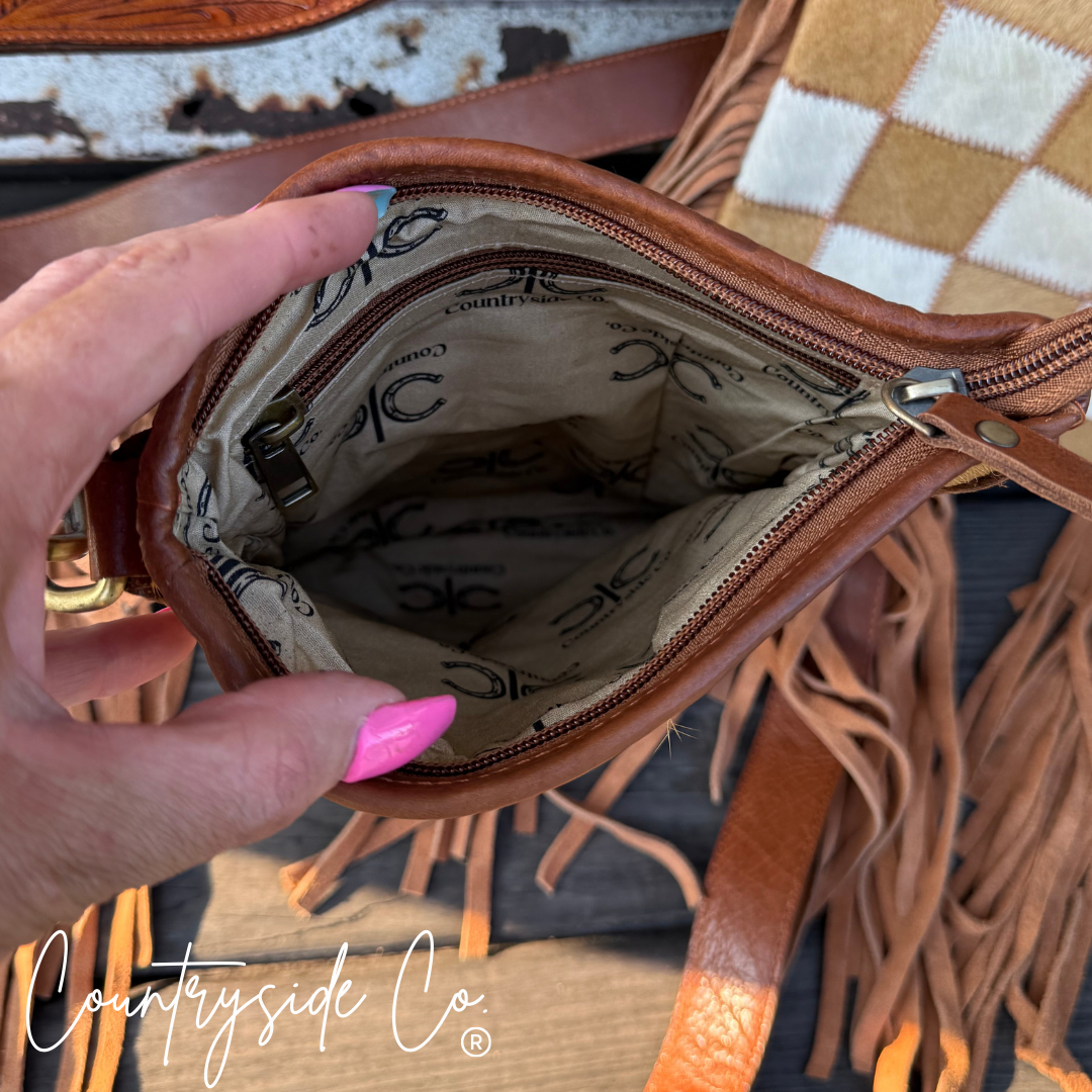 Stockdale Checkered Cowhide Fringe Purse, Brown & White
