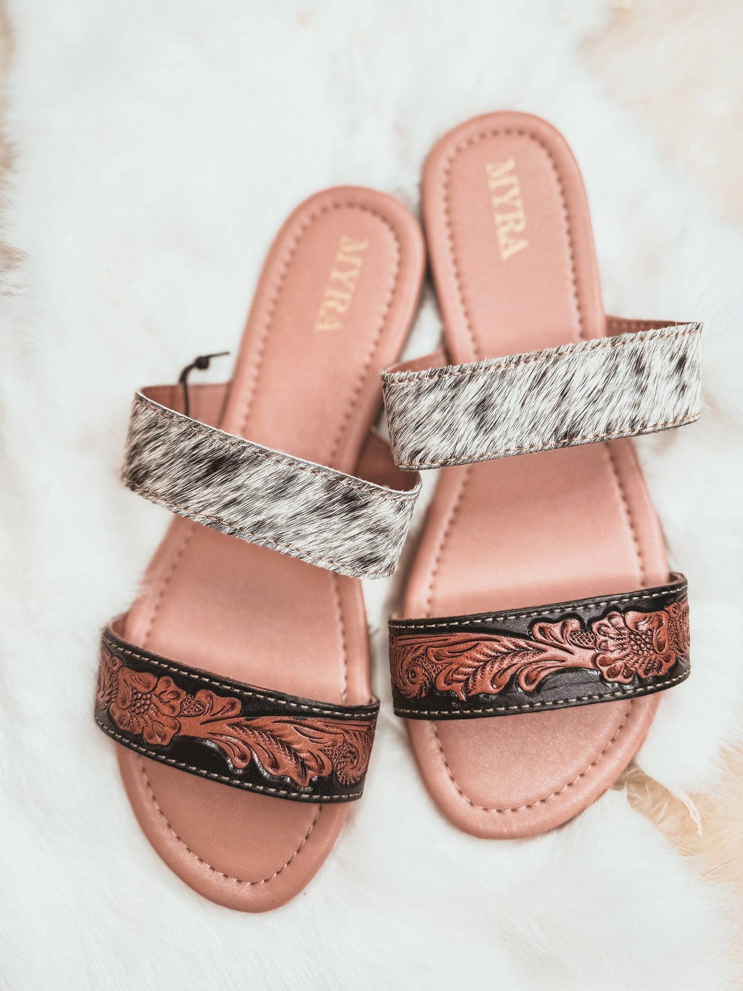 Tooled Leather & Black and White Cowhide flat sandals