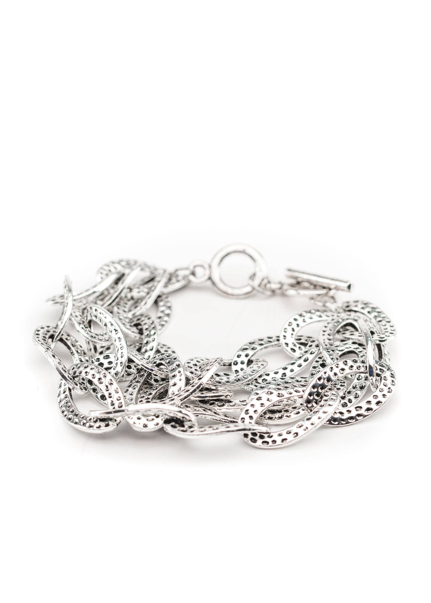 Hammered Silver three strand Chain Toggle Bracelet
