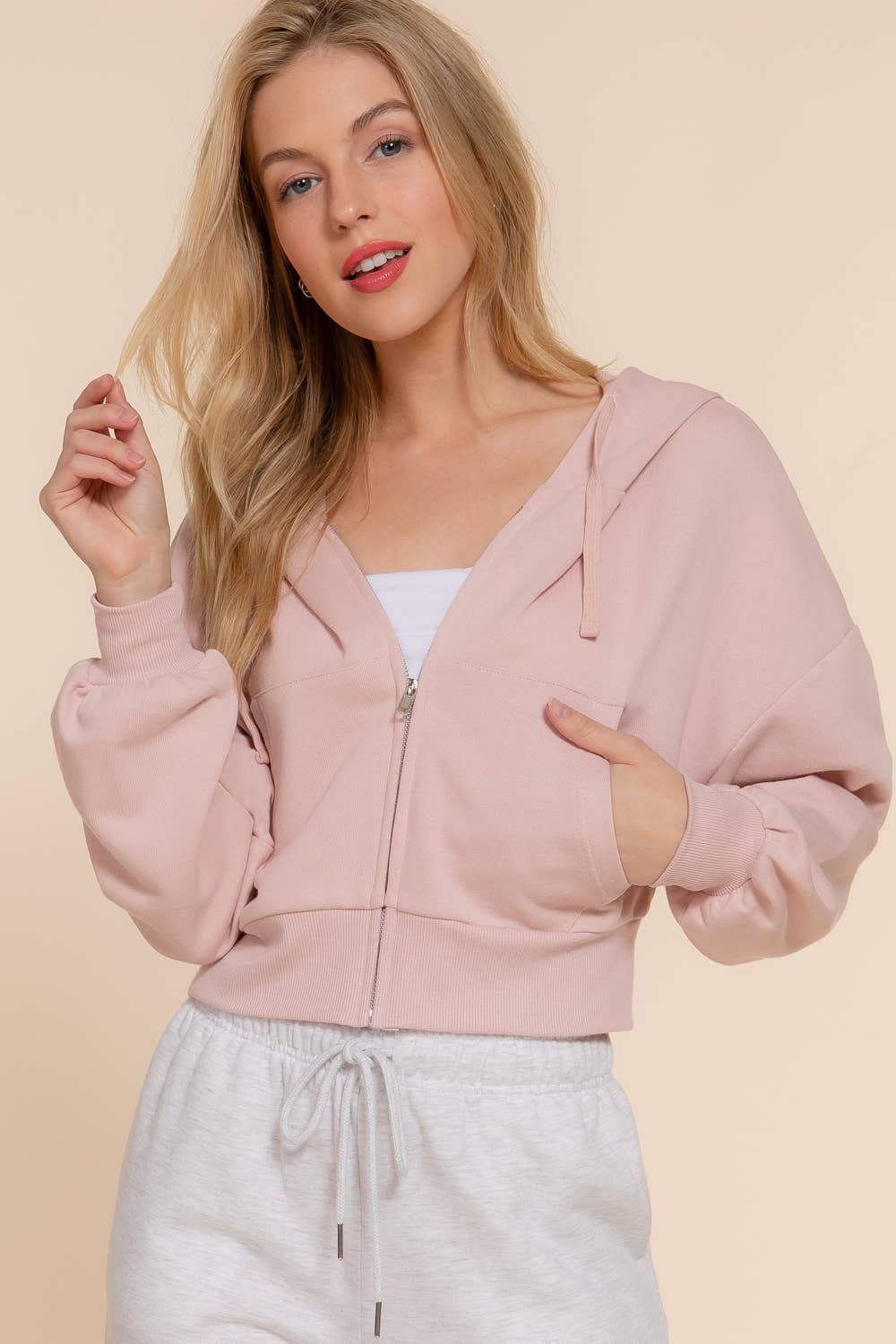 Long Sleeve Hoodie French Terry Zip Up Jacket: IVY-beige / M