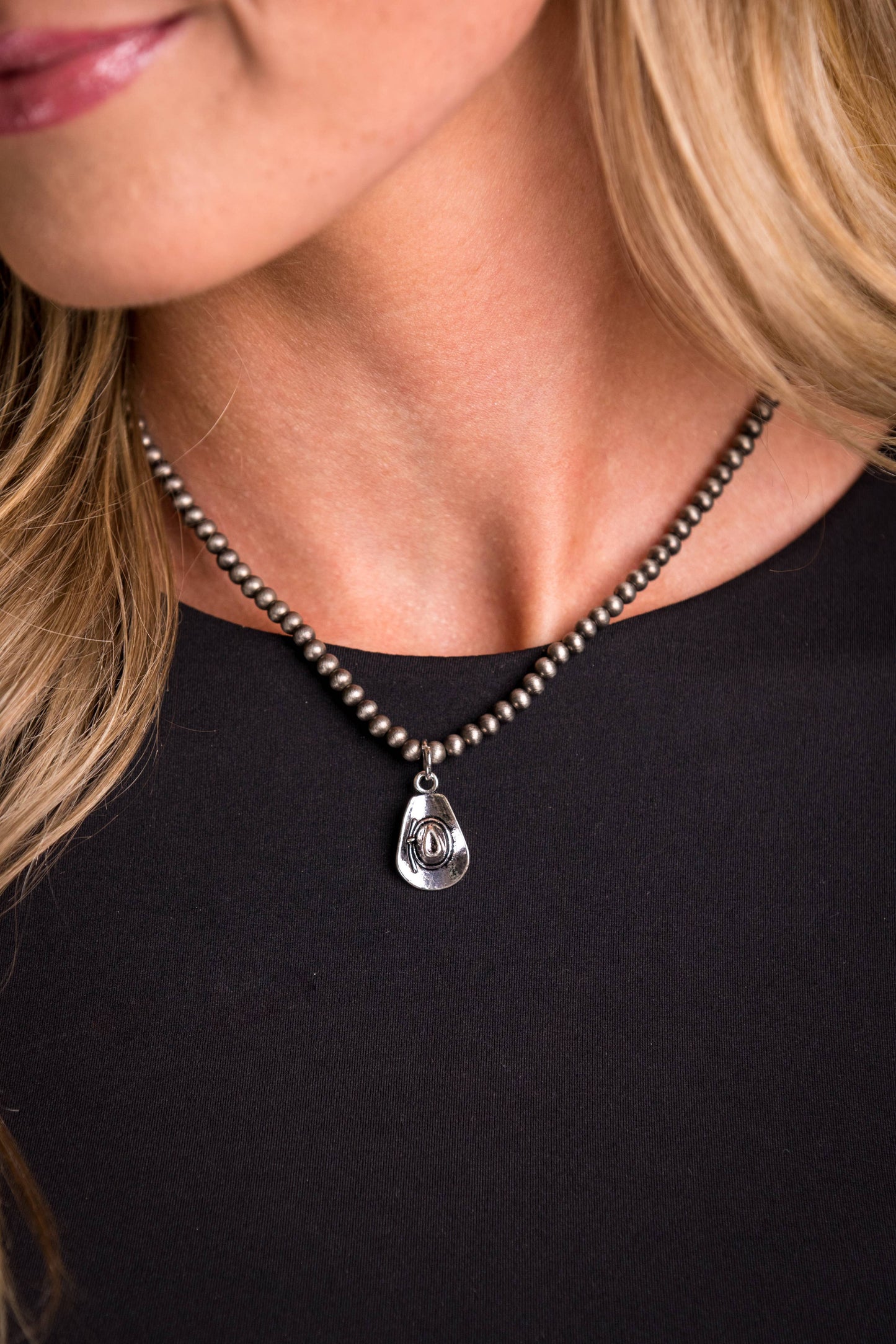 Dainty Faux Navajo Pearl Necklace with cowboy hat Charm