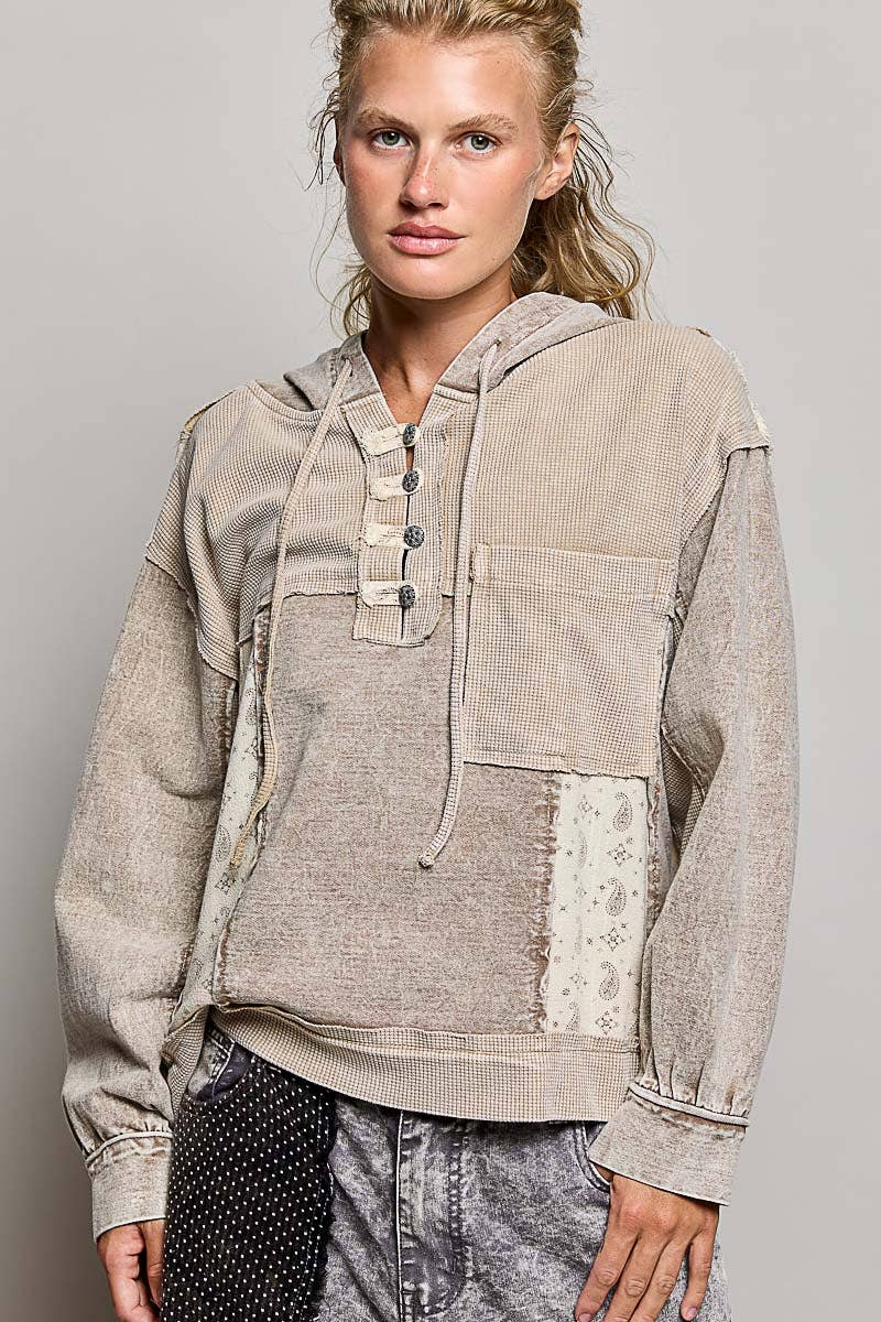 Mixed-Texture Patchwork Henley Button Patch Hoodie: DUSTY CHOCO / S
