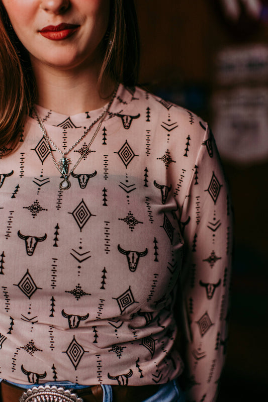 Cow head Aztec 3D Print Mesh Top- Light pink