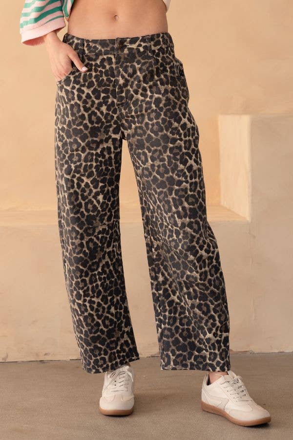 Leopard Denim Mid Rise Barrel Jeans