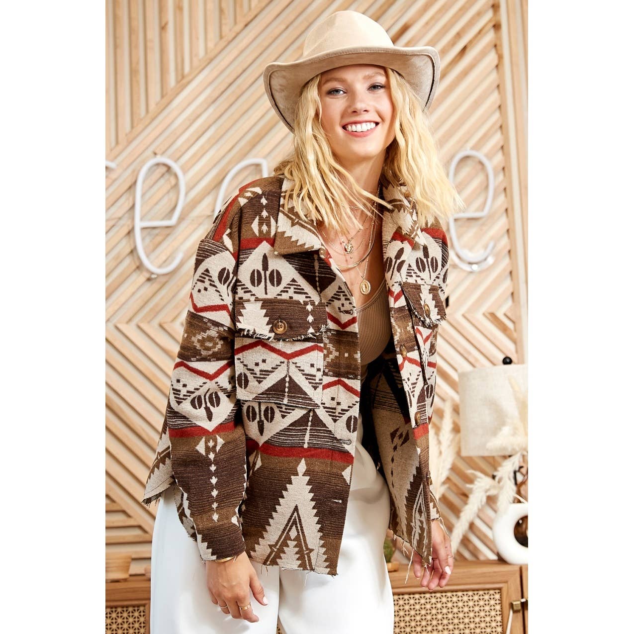 TRIBAL AZTEC PATTERN BUTTON DOWN SHIRT JACKET