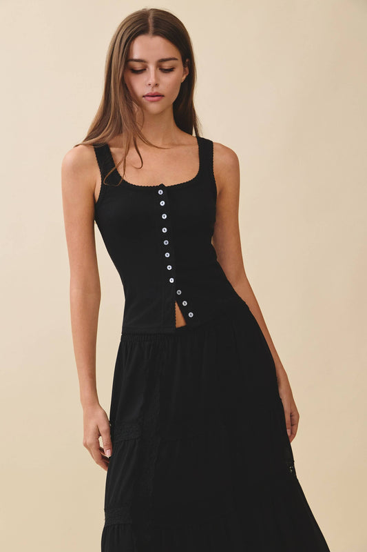 Pointelle Button Front Cami Tank: Black