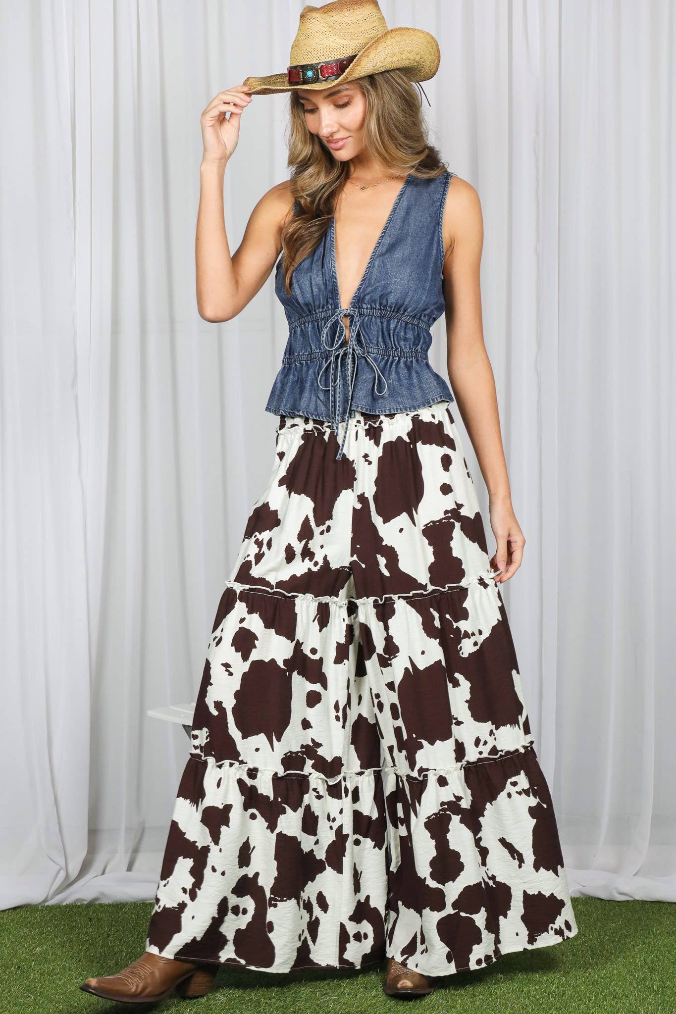 Western-Inspire Sleeveless Tie Front 100%Tencel Vest VT83125: Denim Blue / M