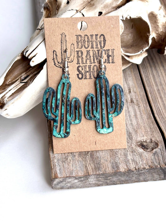 Hammered Western Cactus Dangle Earrings: Patina