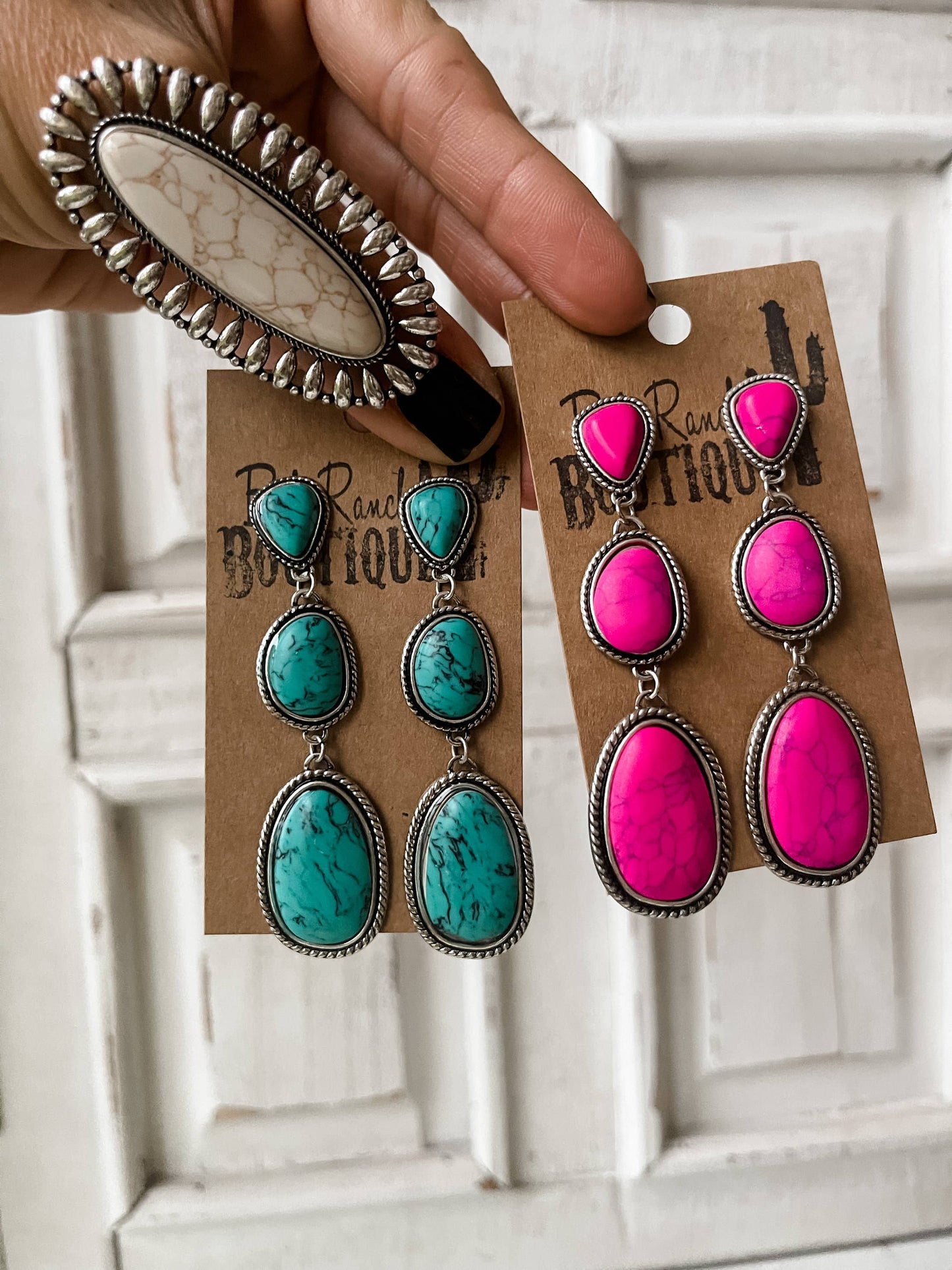 Western Metal Stone Drop Earrings 3 Tier: Turquoise