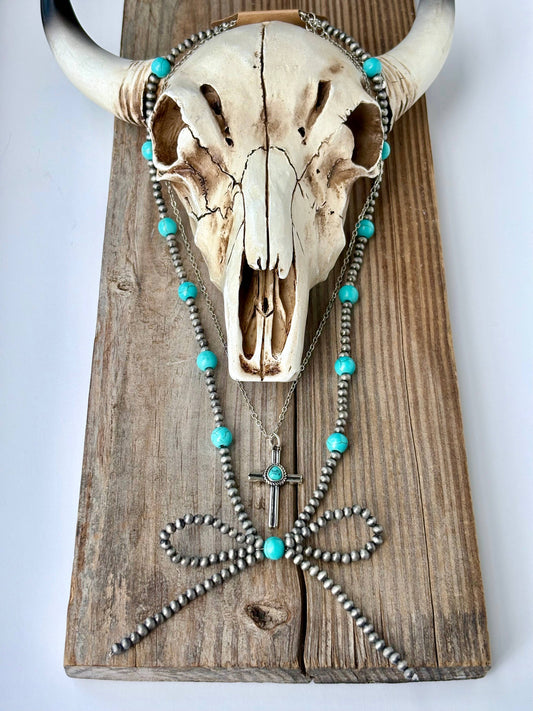 2 Layer Western Style Coquette Bow & Pendant Necklace: Cross