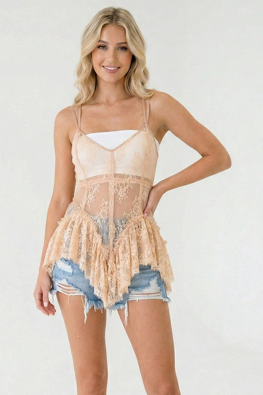 RUFFLED LACE CAMI TUNIC TAN