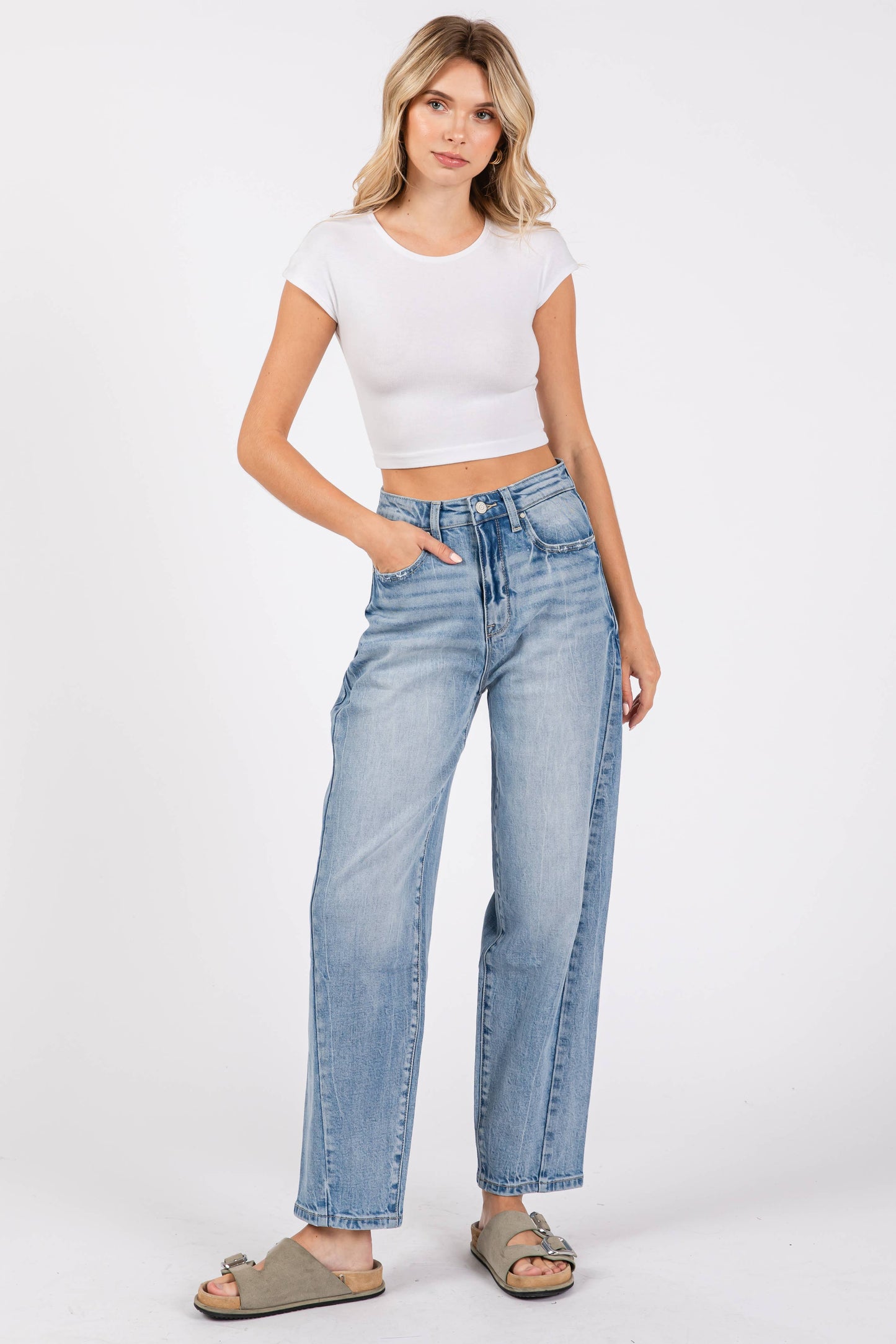 P1305X-LM SIDE SEAM DETAILING HIGH RISE COMFORT BARREL JEANS: 7/27