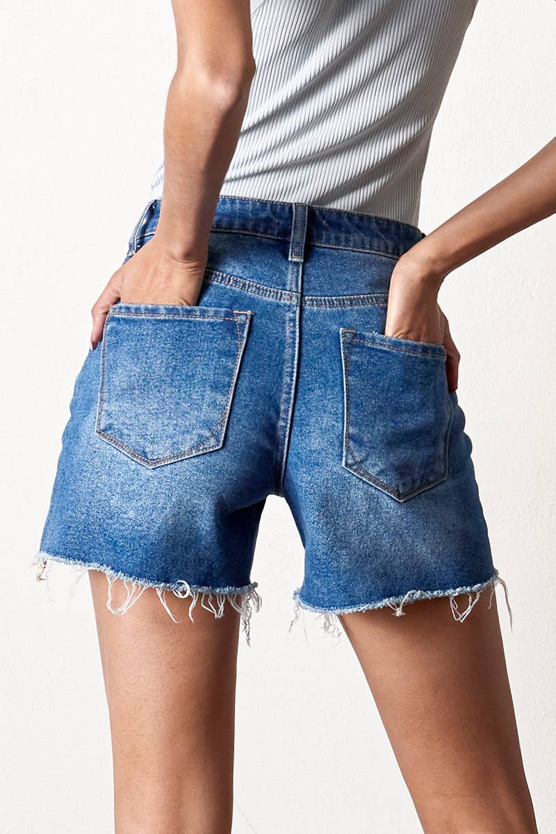 High Rise Trim Midi Stretch Denim Shorts: S