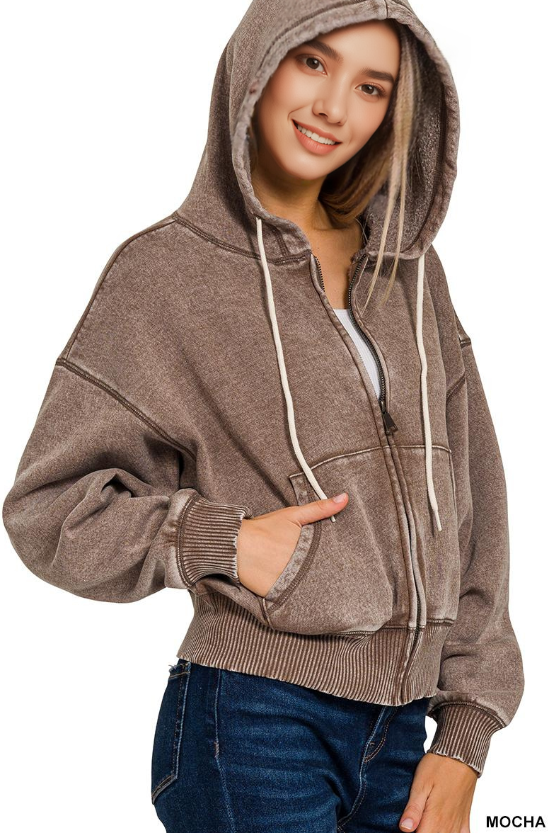 `Acid Wash Fleece Cropped Zip Up Hoodie - Zenana: MOCHA-159846 / S