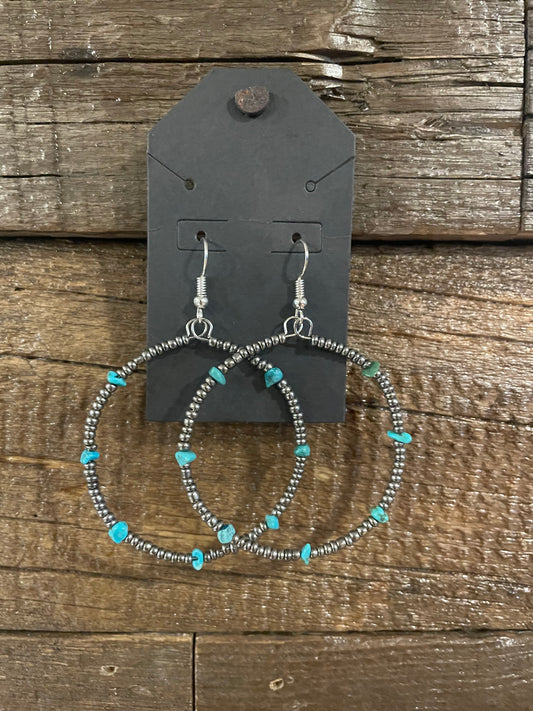 Silver bead turquoise hoops