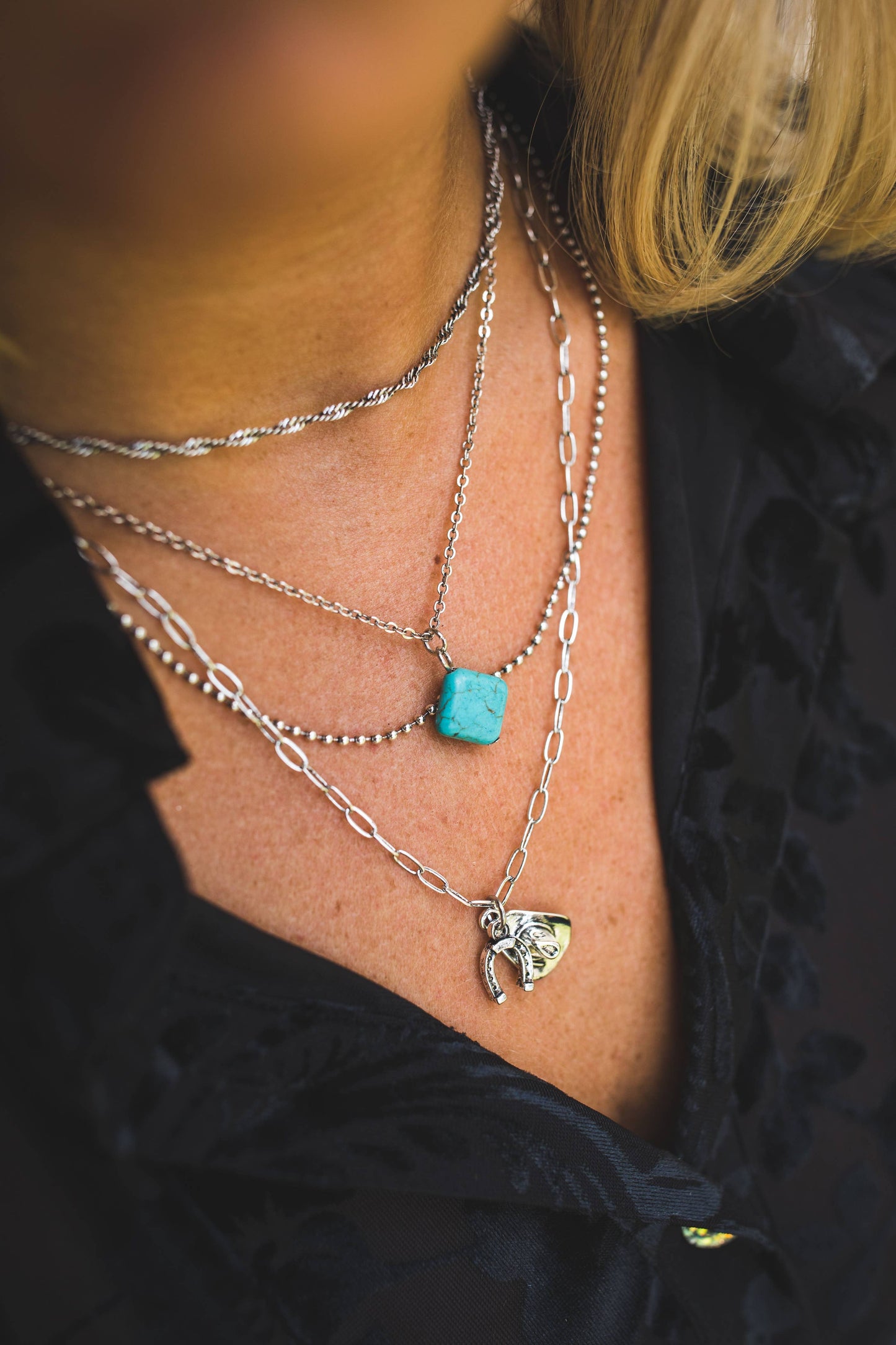 18k Gold Plated Layered Chain Necklace w/ Western Charms: White Gold