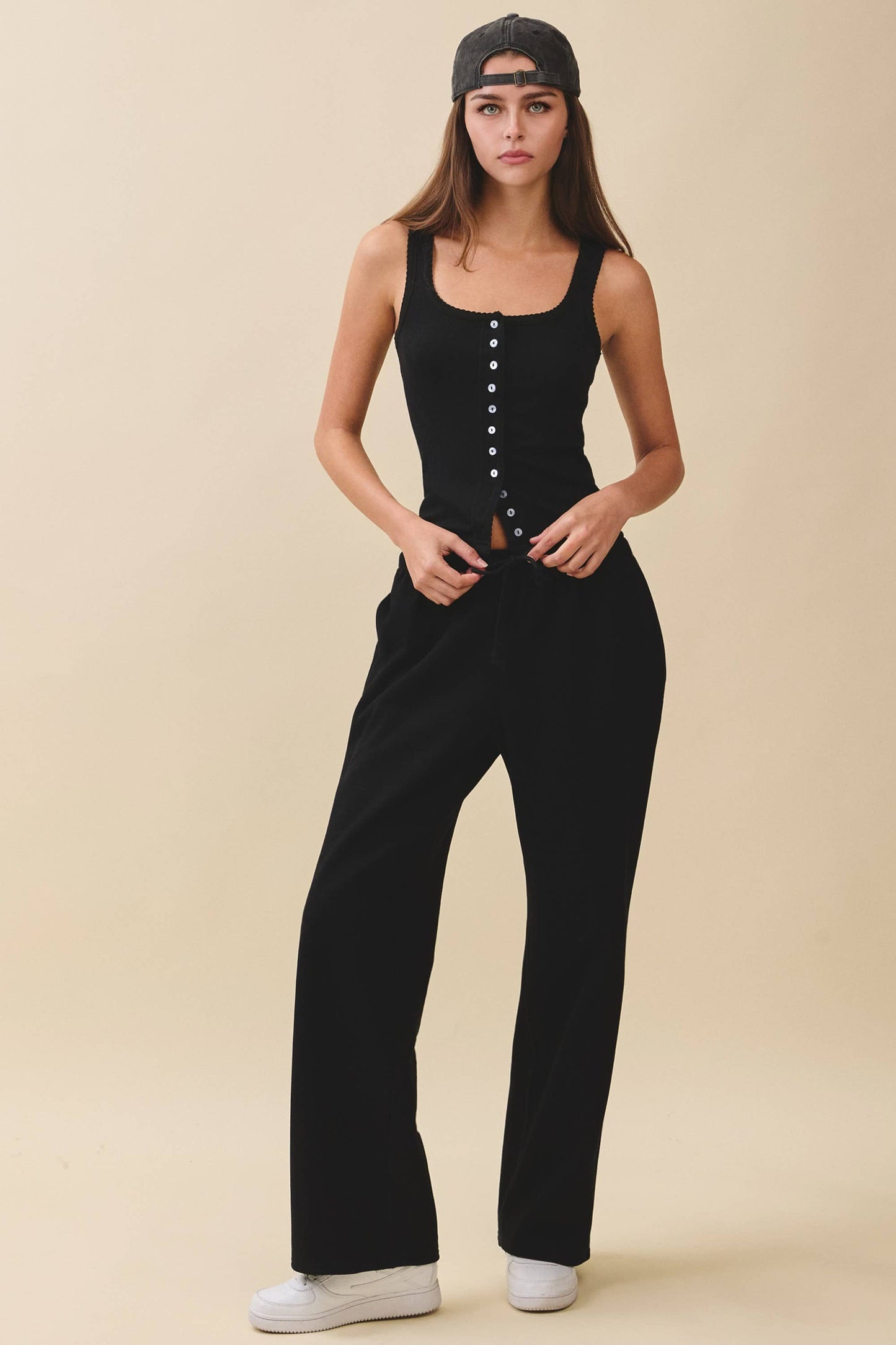 Pointelle Button Front Cami Tank: Black