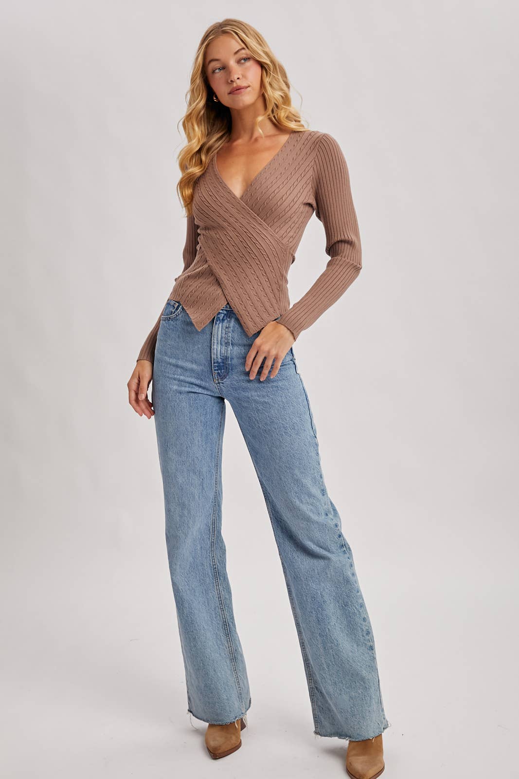 V-NECK FIXED-WRAP KNIT SWEATER TOP