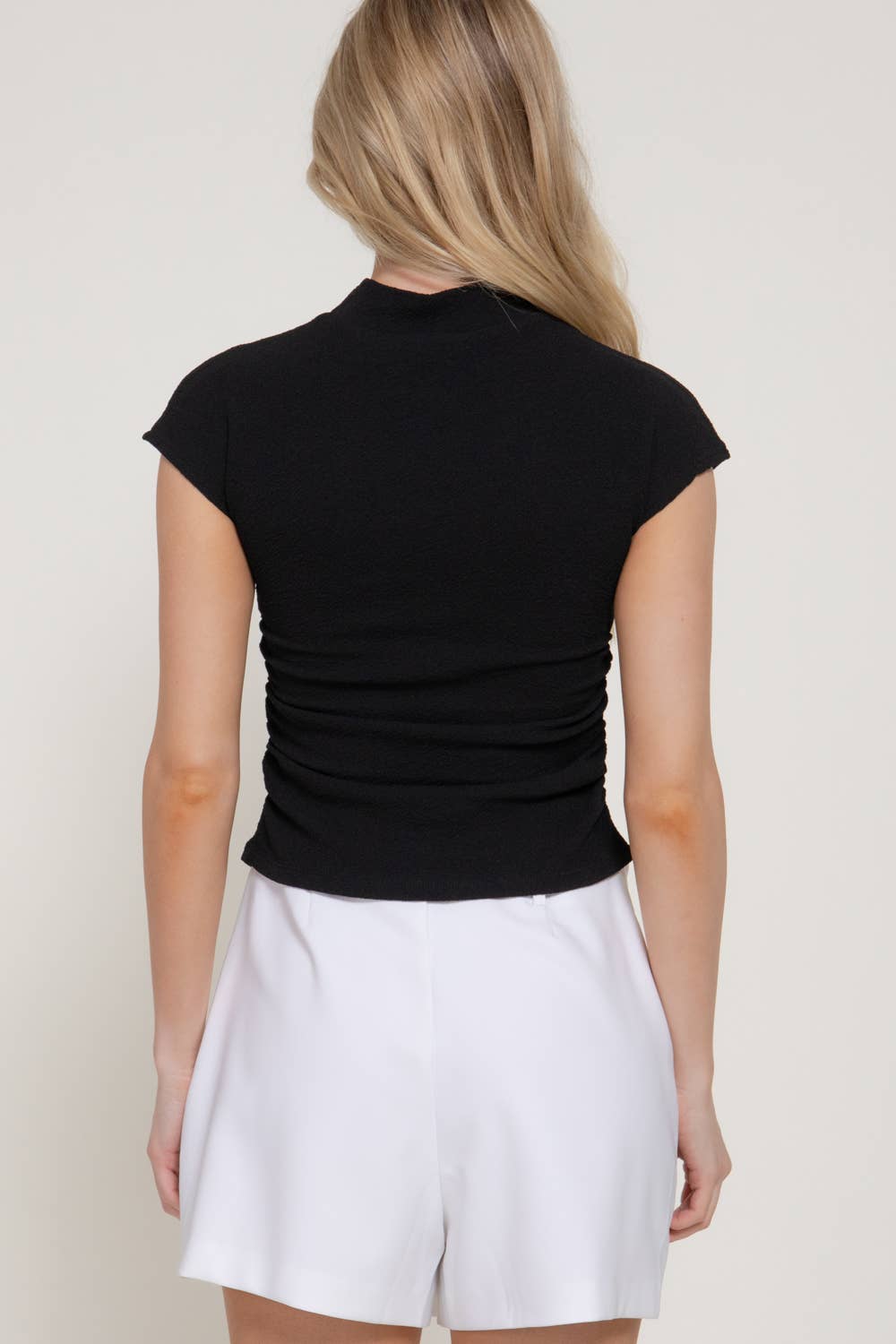 Cap Sleeve Mock Neck Side Ruched Texture Knit Top: TPE-taupe / L