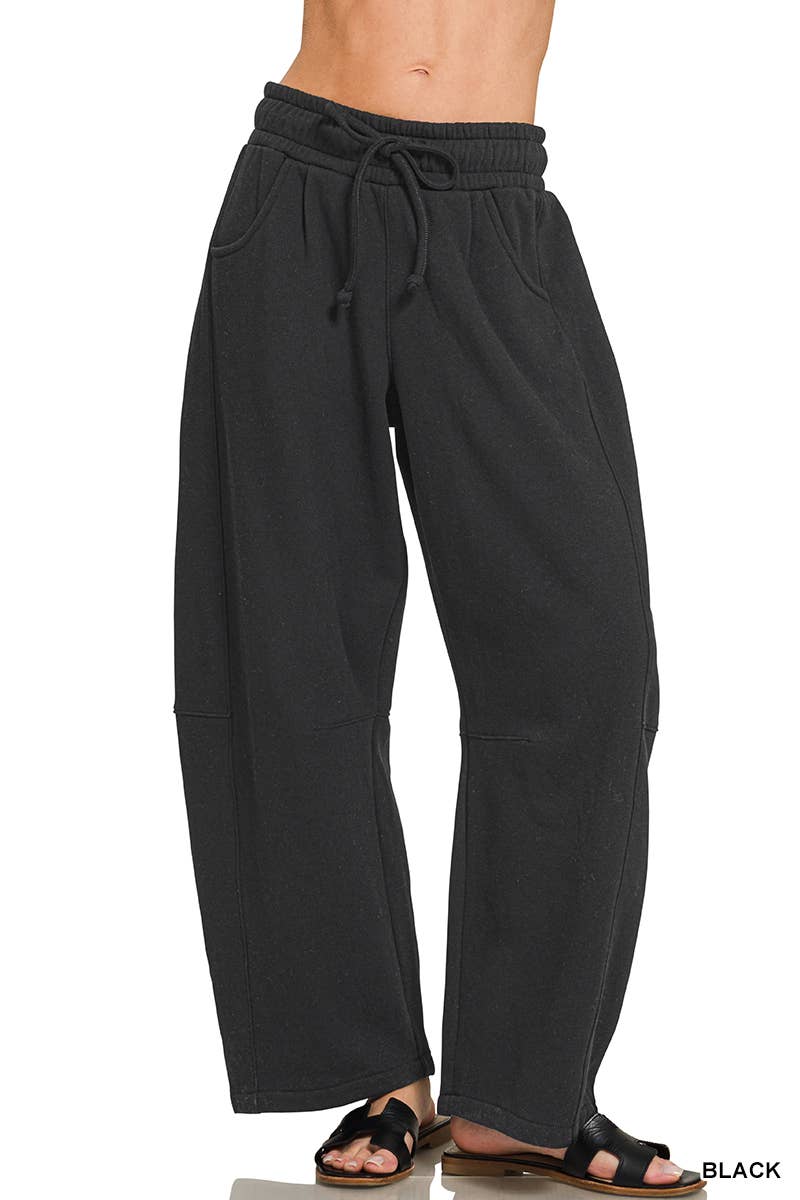 Fleece Barrel Leg Sweatpants w/ Pockets Zenana: LT BEIGE-201383 / S