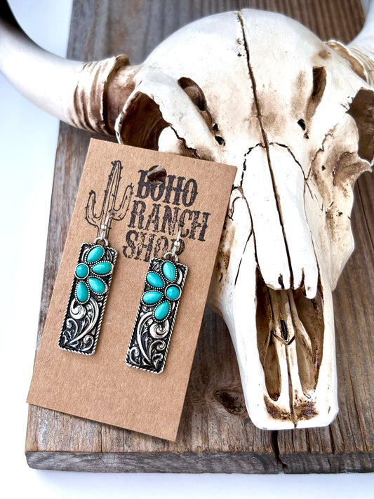 Western Style Turquoise Stone Rectangle Bar Dangle Earrings