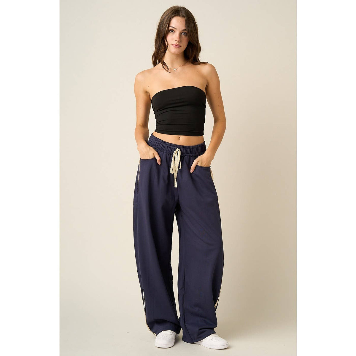 LACE TRIM BARREL LEG DRAWSTRING PANTS: MOCHA MOUSSE / S-M-L(2-2-2)