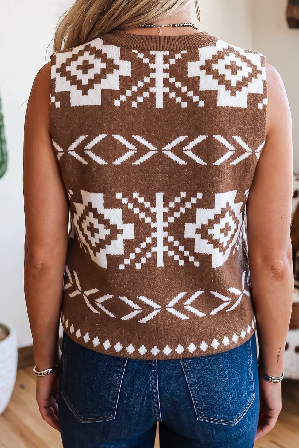 LDC Western Button Square Neck Sweater Vest: Brown / XL