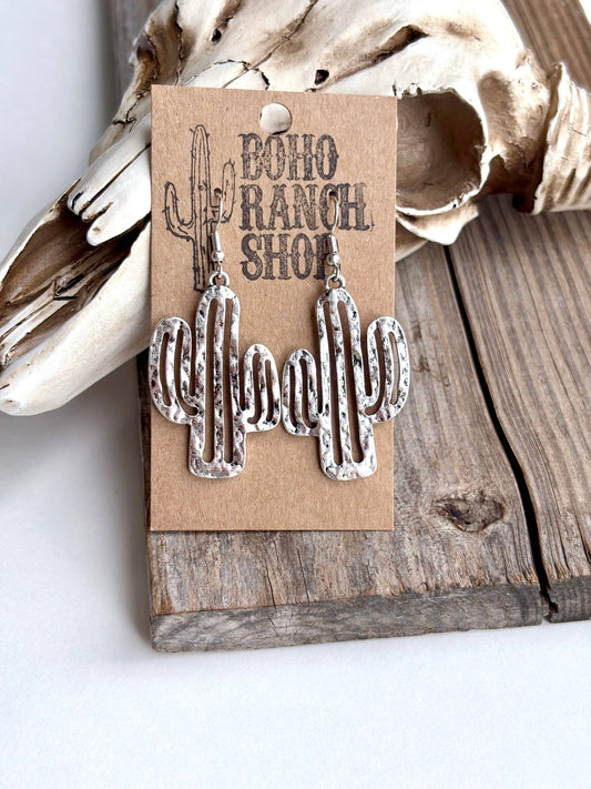 Hammered Western Cactus Dangle Earrings: Silver