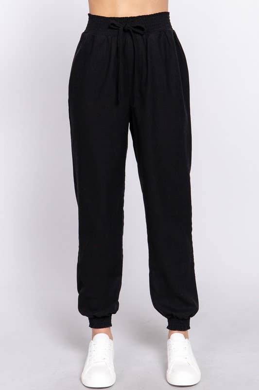 Smoked Waist Linen Jogger Pants: Blk-Black / S
