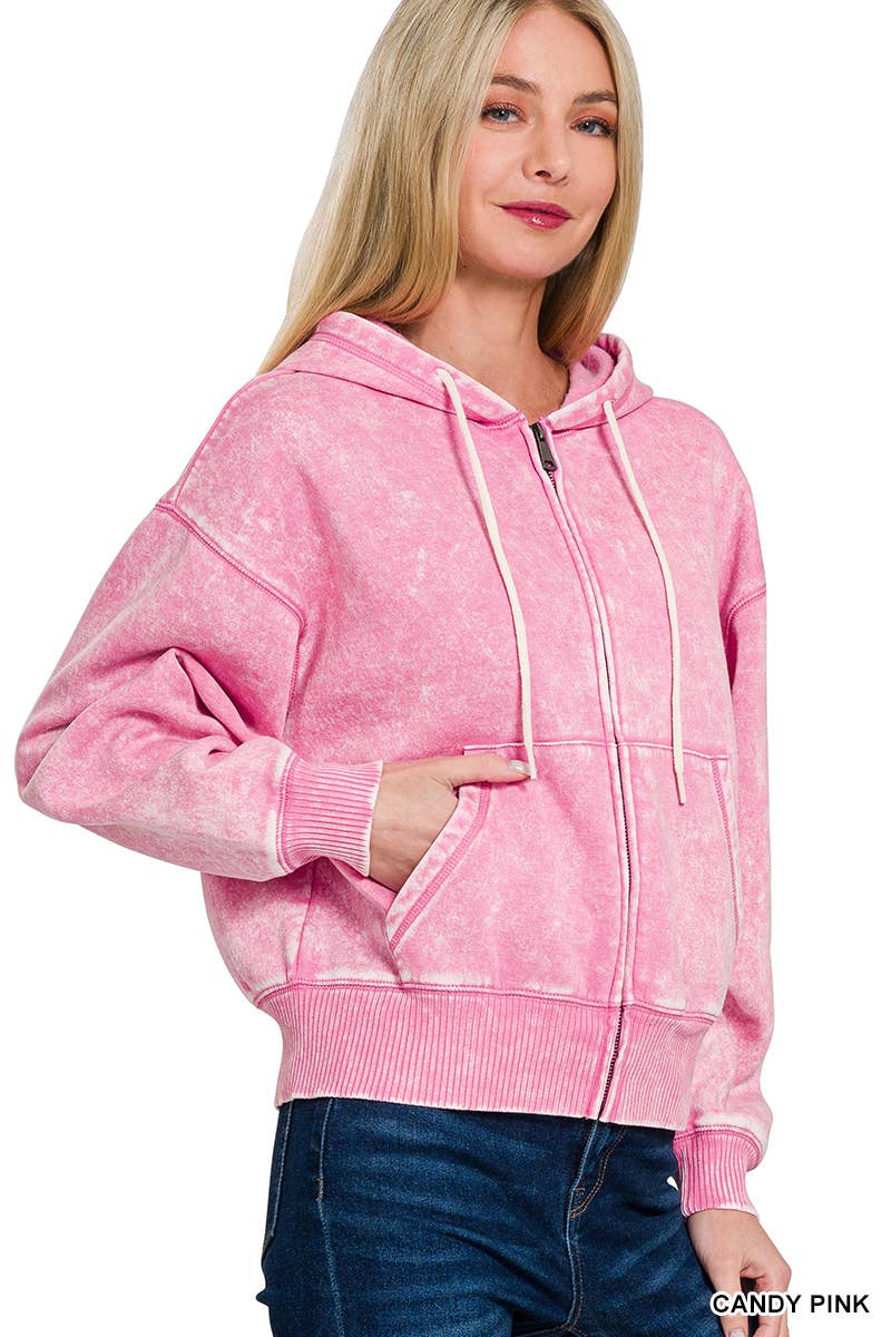`Acid Wash Fleece Cropped Zip Up Hoodie - Zenana: MOCHA-159846 / S