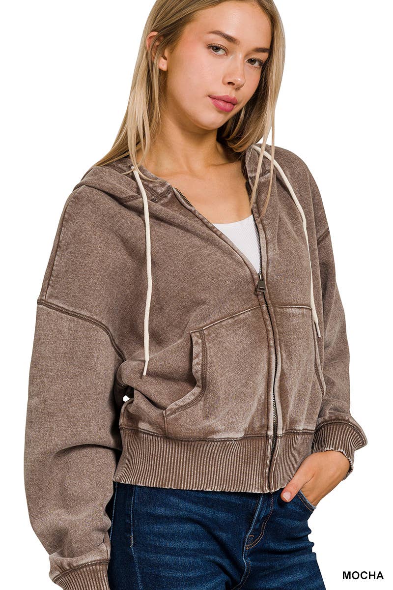 `Acid Wash Fleece Cropped Zip Up Hoodie - Zenana: MOCHA-159846 / L