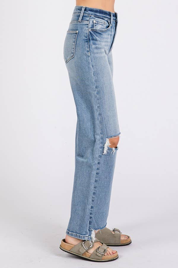 P1371W-MD HIGH RISE STRETCH SLIM WIDE LEG W/ DESTROYED HEM: 7/27